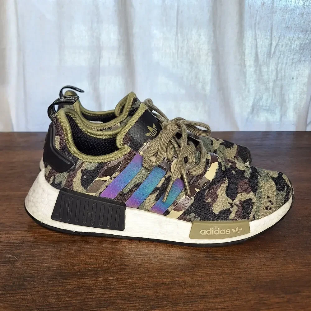 Adidas NMD_R1 Cargo Camo sneakers in woodland camo print iridescent stripes 7.5